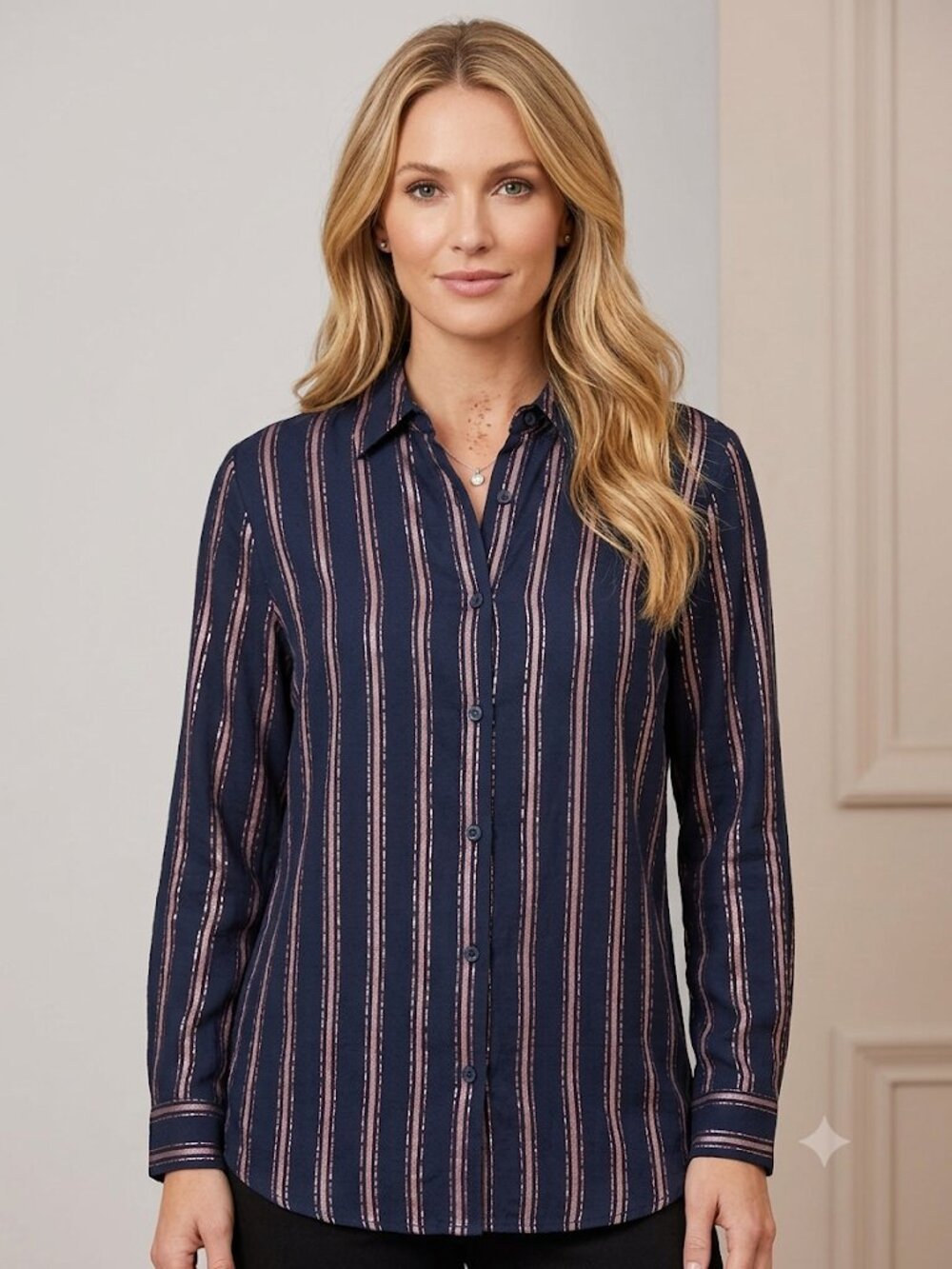 Women's Metallic Striped Button Blouse Top Navy/Rose Gold Up to 42"bust-NWT